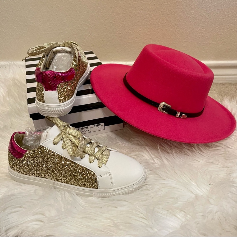 New Gold Glitz Glitter White Hot Pink Snakeskin Metallic Heel Posh Sneakers